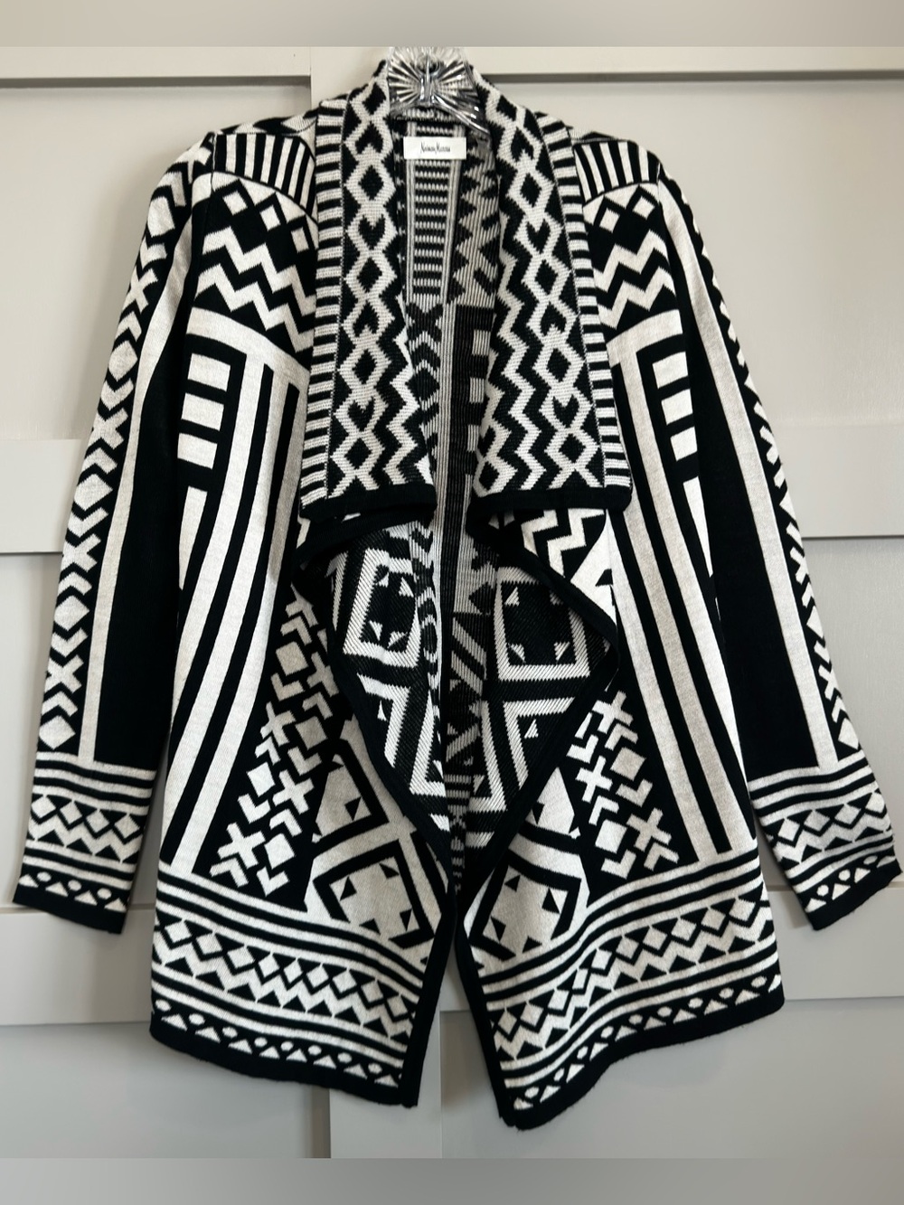 Neiman Marcus Open Front Cardigan Sweater Black Ivory Geometric Modern Women’s S